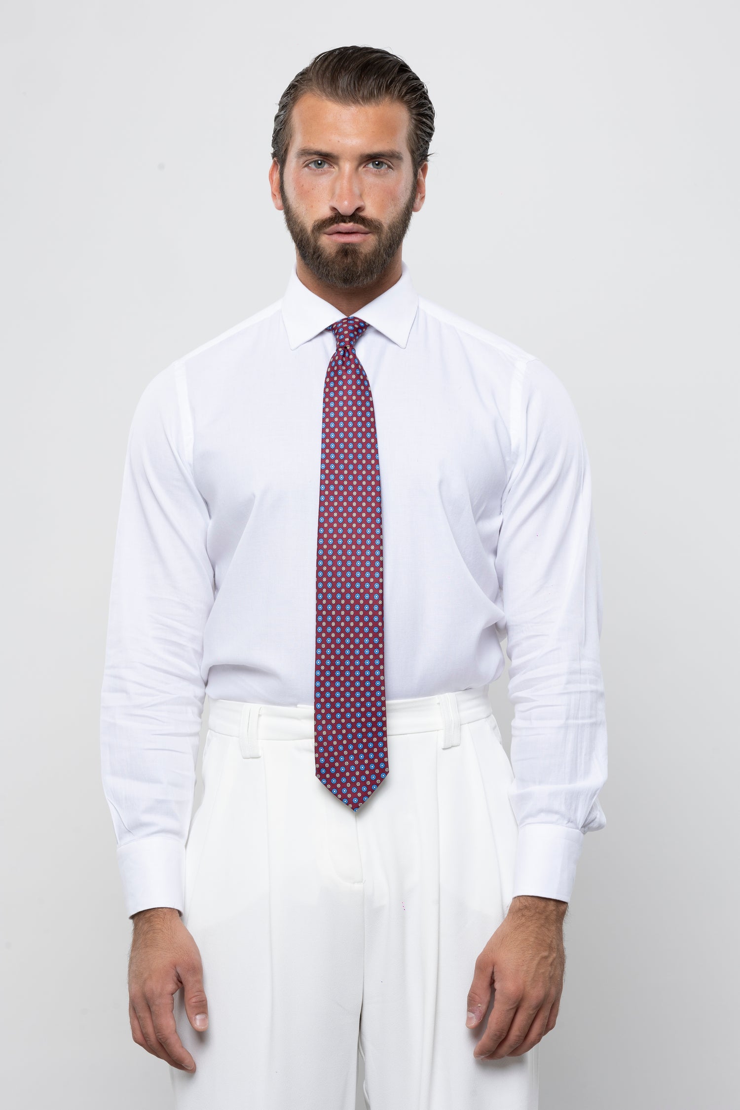 CRAVATTA 3 PIEGHE ITALIANA MICRO MOTIVO FLOREALE – BORDEAUX E AZZURRO