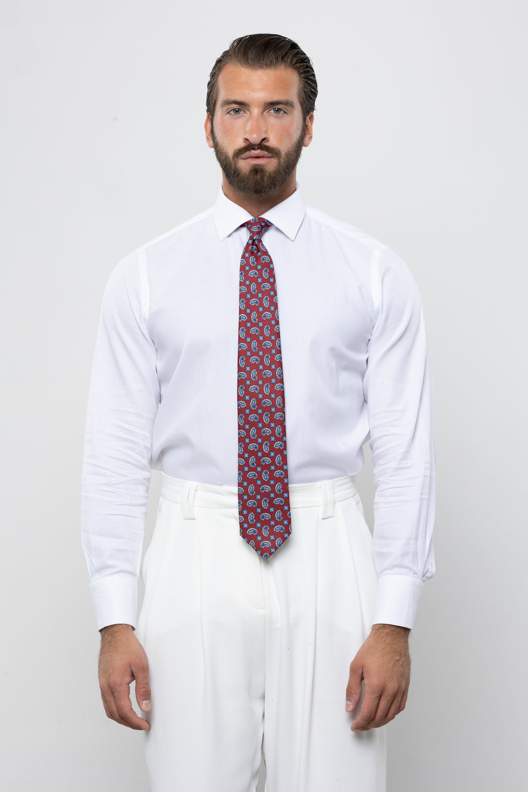 CRAVATTA 3 PIEGHE ITALIANA PAISLEY – BORDEAUX E AZZURRO