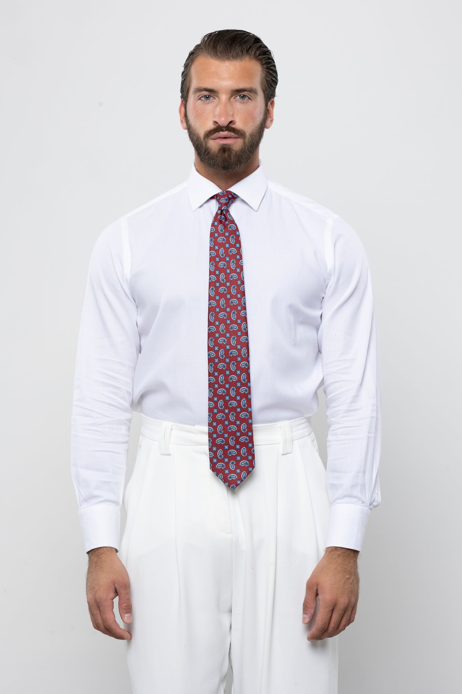 CRAVATTA 3 PIEGHE ITALIANA PAISLEY – BORDEAUX E AZZURRO