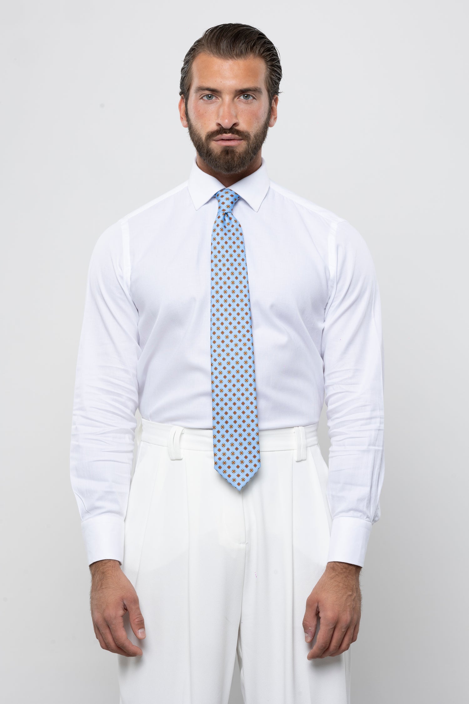 CRAVATTA 3 PIEGHE MICRO GEOMETRICA – AZZURRO E ARANCIO