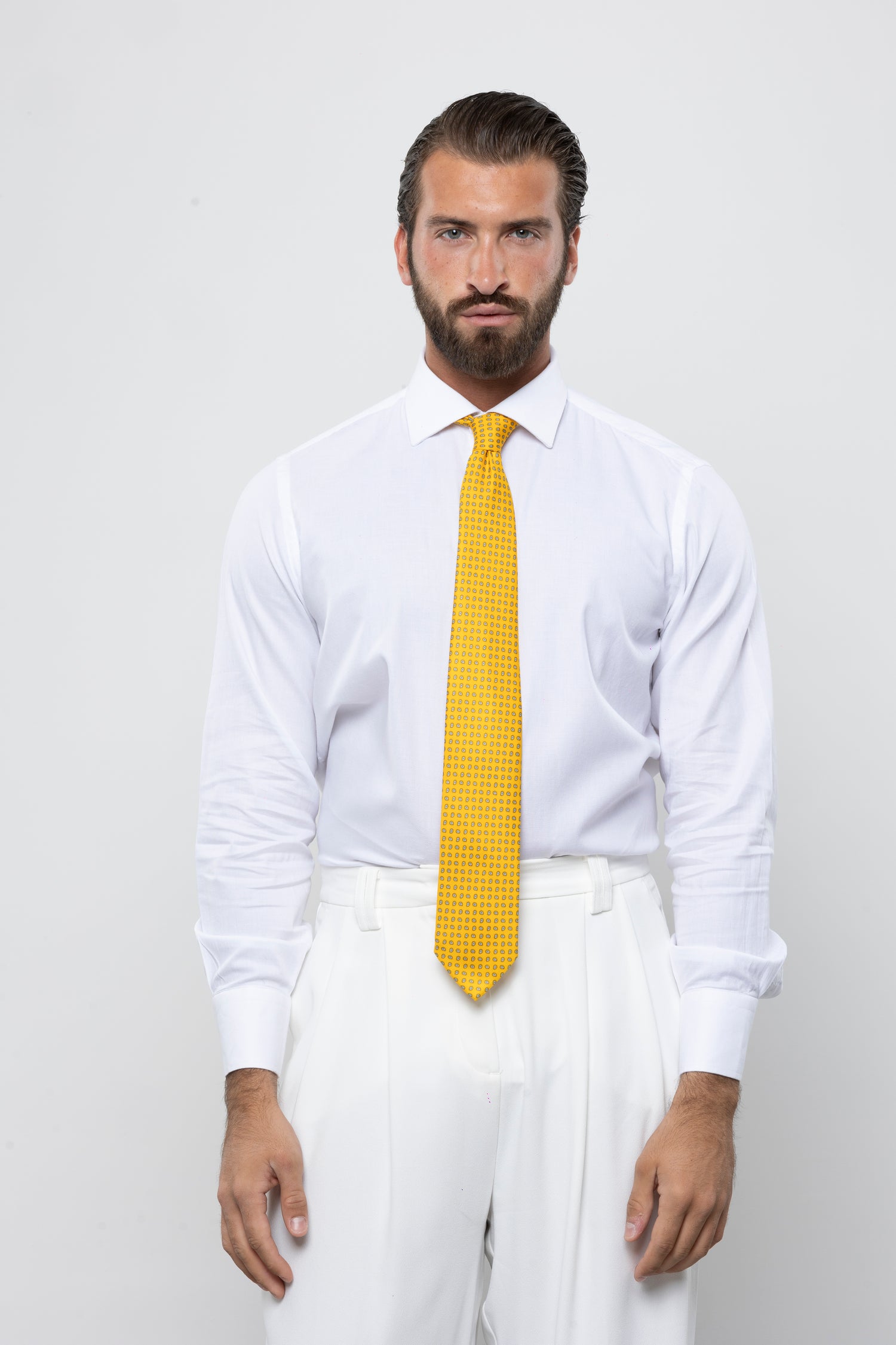 CRAVATTA 3 PIEGHE ITALIANA MICRO PAISLEY – GIALLO E AZZURRO