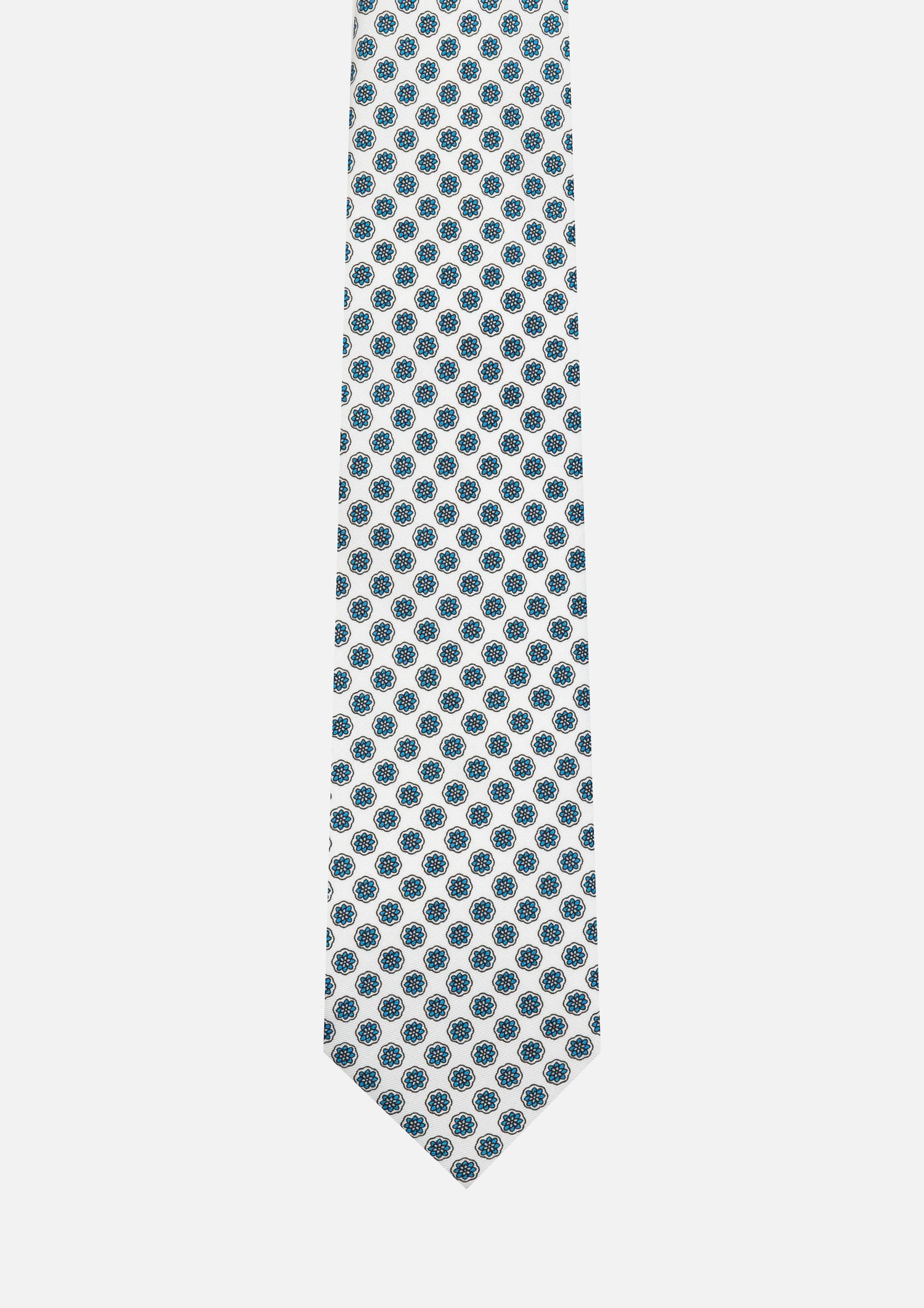 CRAVATTA 3 PIEGHE ITALIANA MICRO MOTIVO GEOMETRICO FLOREALE – BIANCO E AZZURRO
