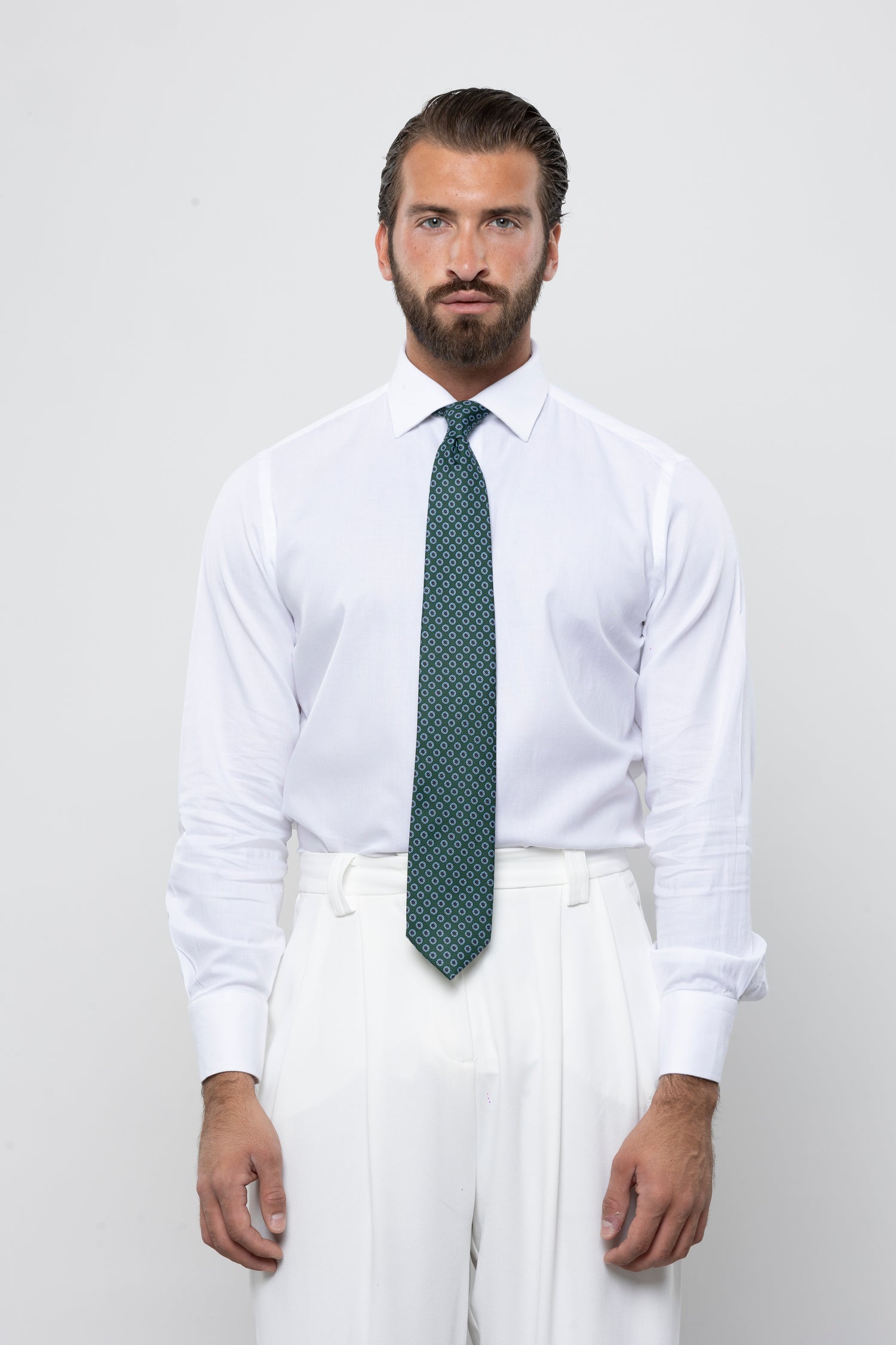 CRAVATTA 3 PIEGHE ITALIANA MICRO MOTIVO GEOMETRICO FLOREALE – VERDE E AZZURRO