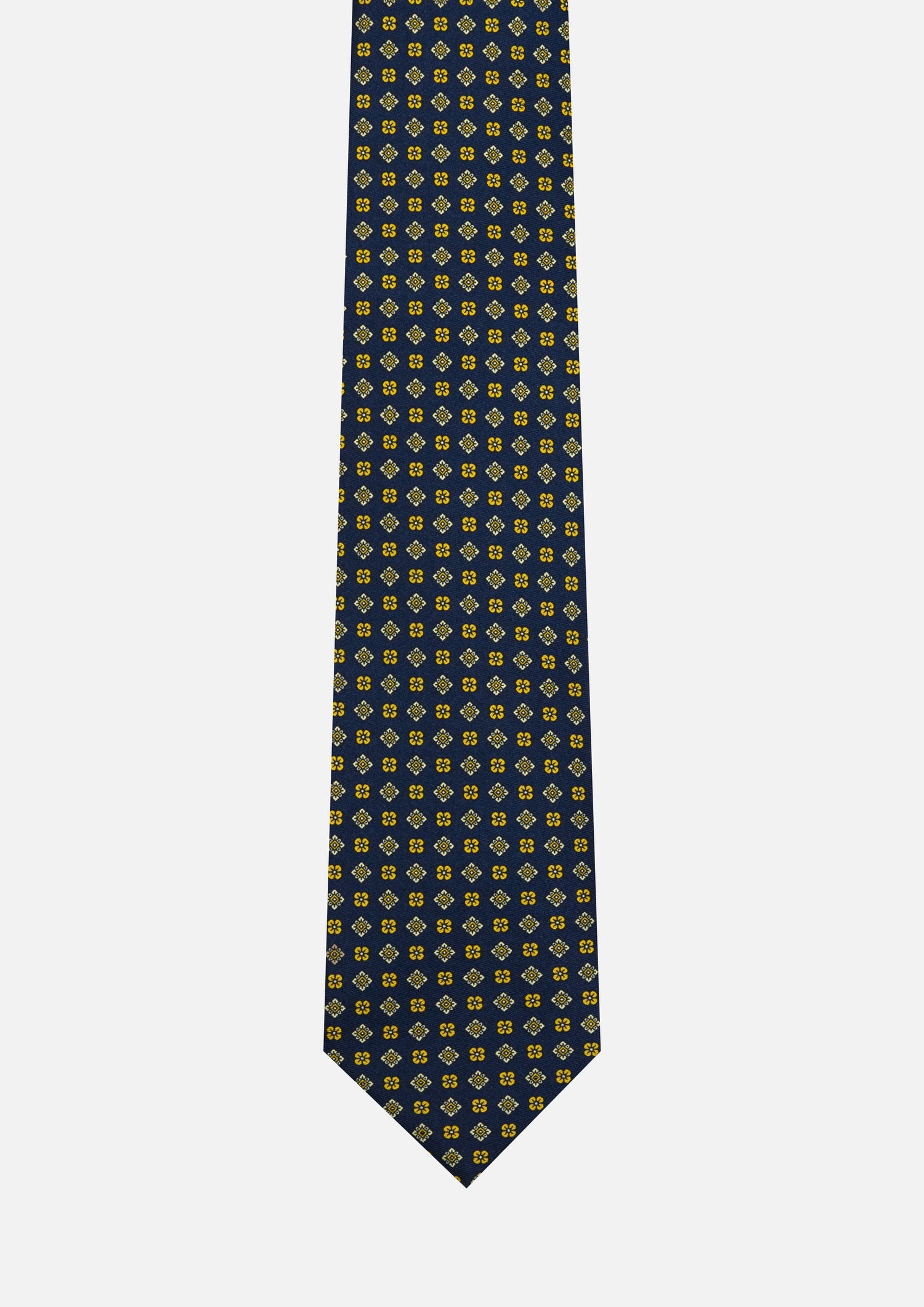 CRAVATTA 3 PIEGHE ITALIANA MICRO MOTIVO GEOMETRICO FLOREALE – BLU E GIALLO